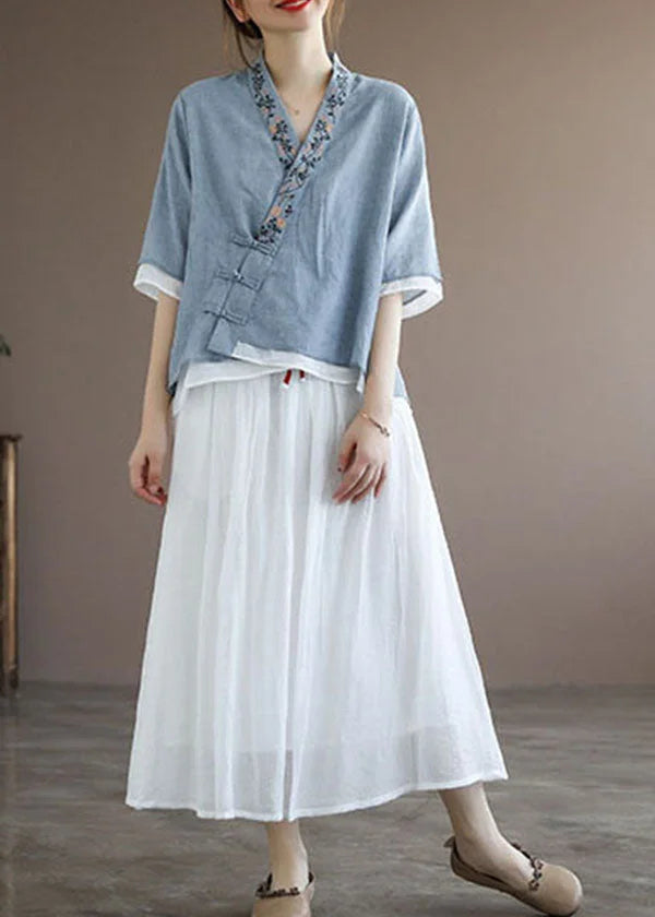 Chinese Style Lake Blue V Neck Double-deck Cotton Top Half Sleeve