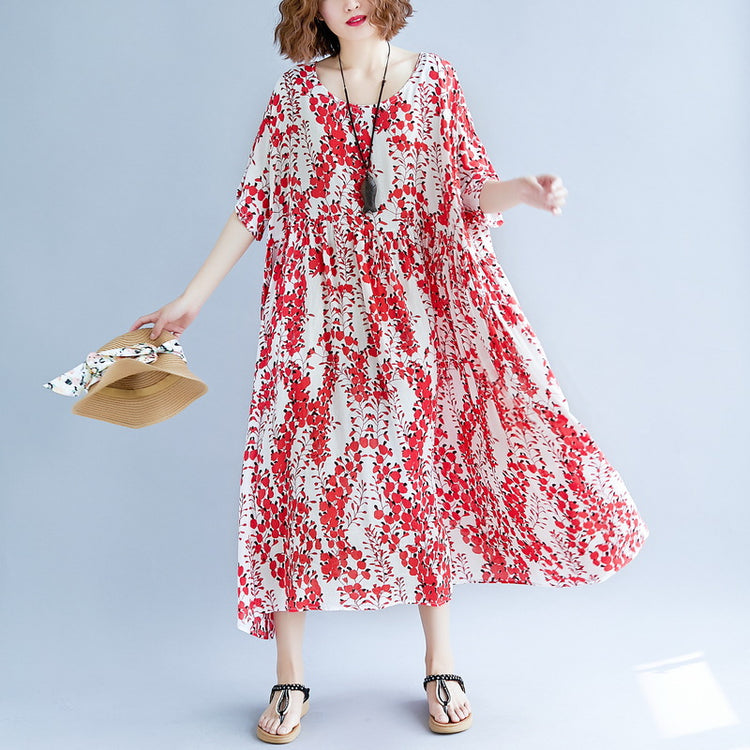 fine red cotton linen dress trendy plus size short sleeve print baggy dresses cotton gown v neck traveling clothing