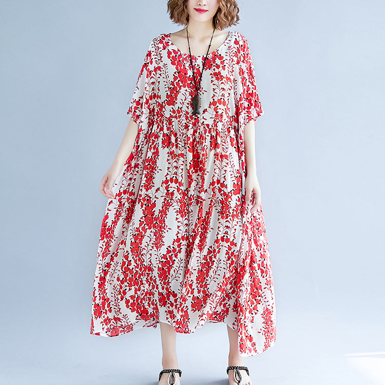 fine red cotton linen dress trendy plus size short sleeve print baggy dresses cotton gown v neck traveling clothing