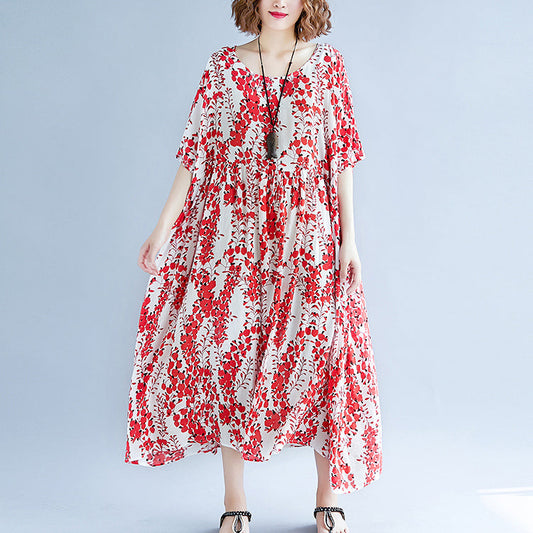 fine red cotton linen dress trendy plus size short sleeve print baggy dresses cotton gown v neck traveling clothing