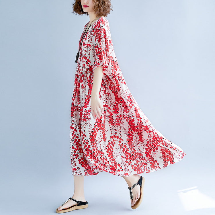 fine red cotton linen dress trendy plus size short sleeve print baggy dresses cotton gown v neck traveling clothing