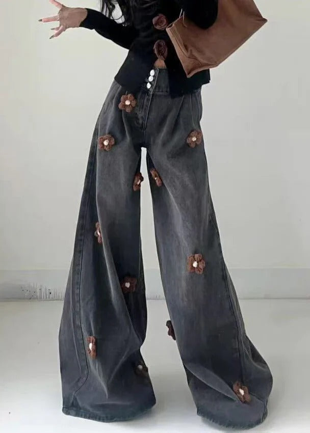 Modern Black Button Floral High Waist Denim Wide Leg Pants Fall