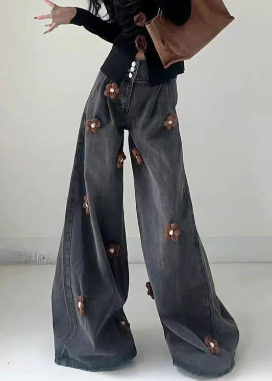 Modern Black Button Floral High Waist Denim Wide Leg Pants Fall