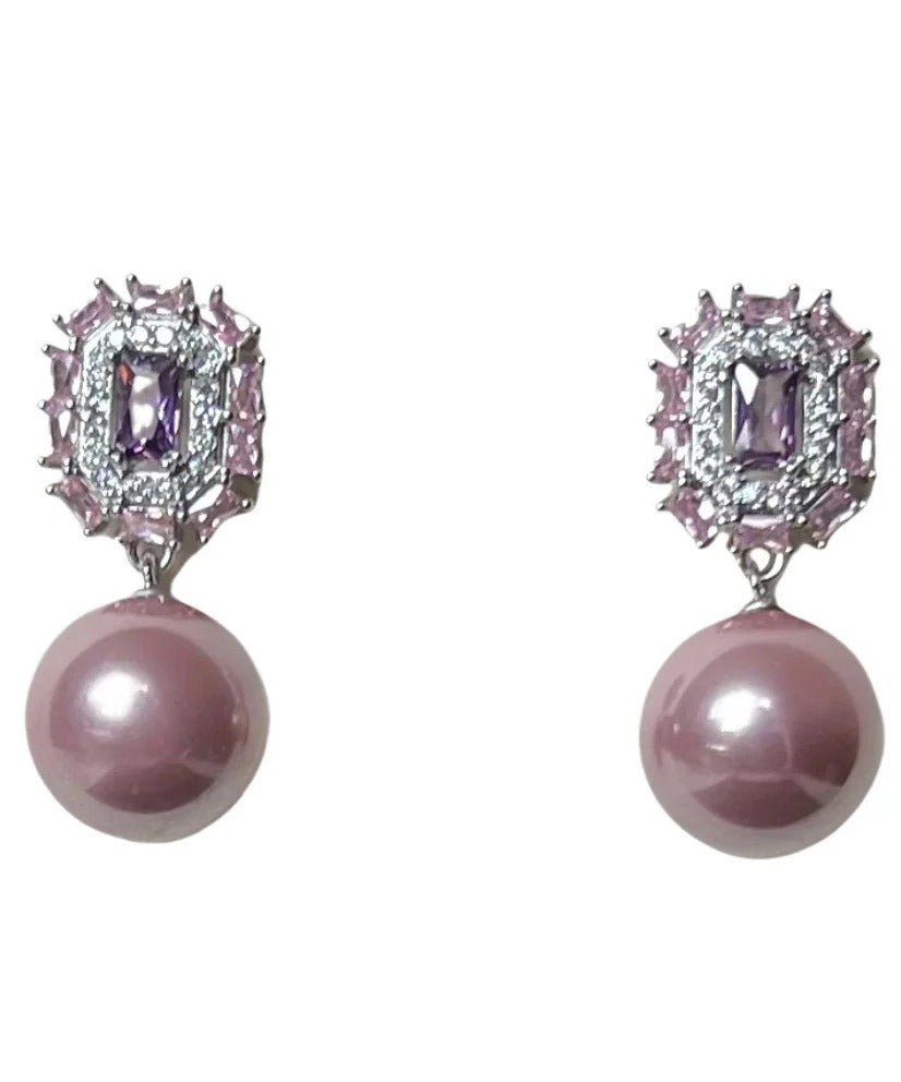 Modern Purple Copper Zircon Crystal Pearl Drop Earrings