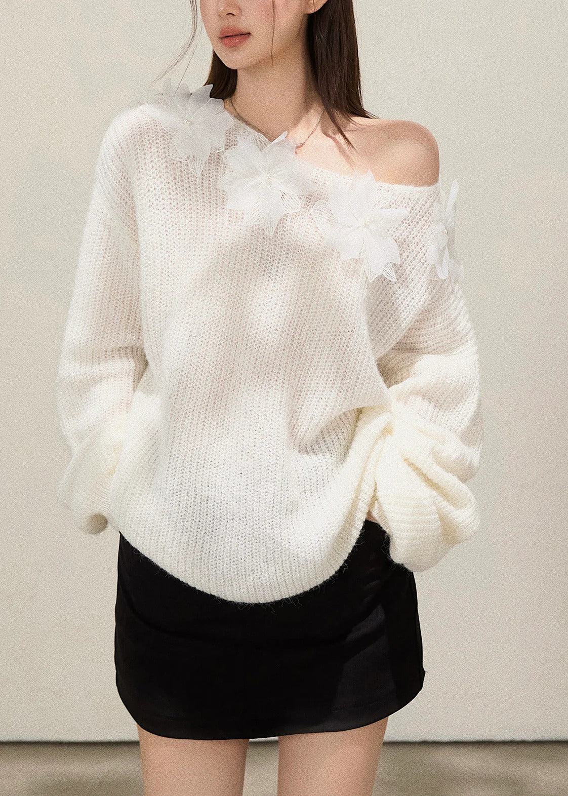 Boho White Oversized Floral Decorated Knit Top Fall