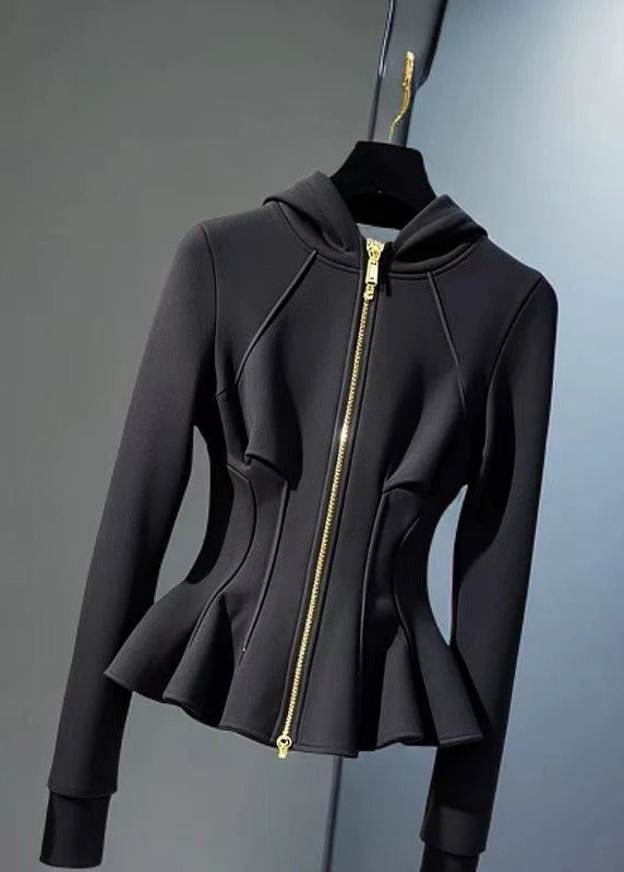 New Black Hooded Zippered Cotton Coats Fall