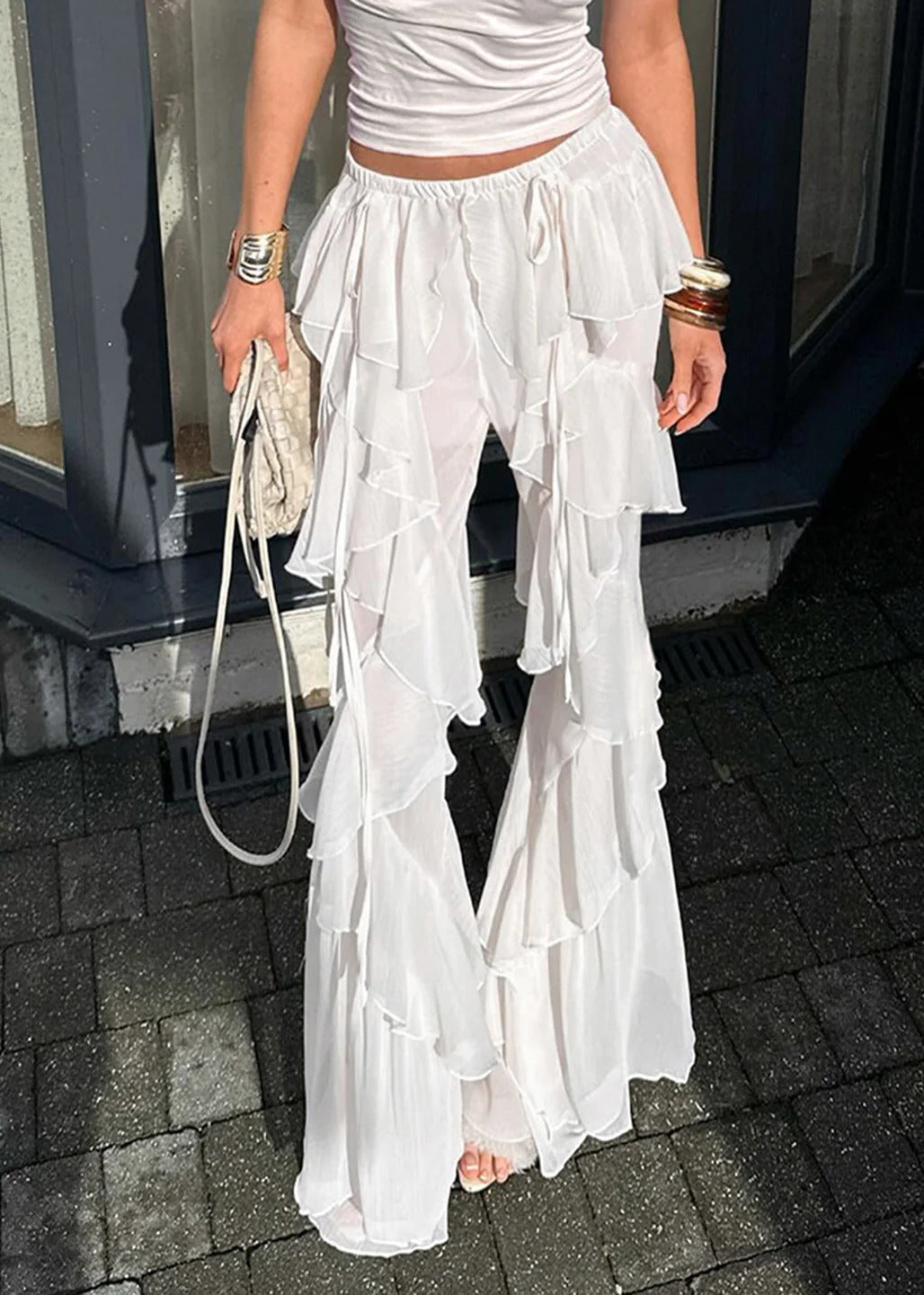Bohemian White Ruffles Tulle Bell-bottom Trousers Summer