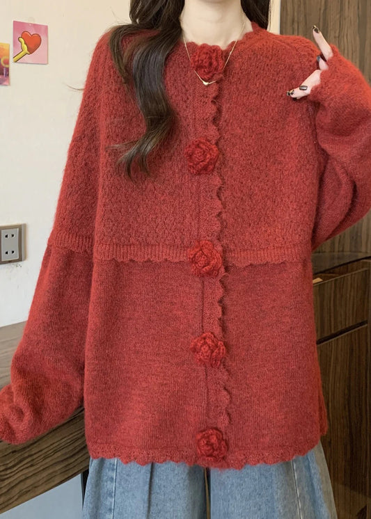 Elegant Red Oversized Three-dimensional Floral Knitted Tops Fall