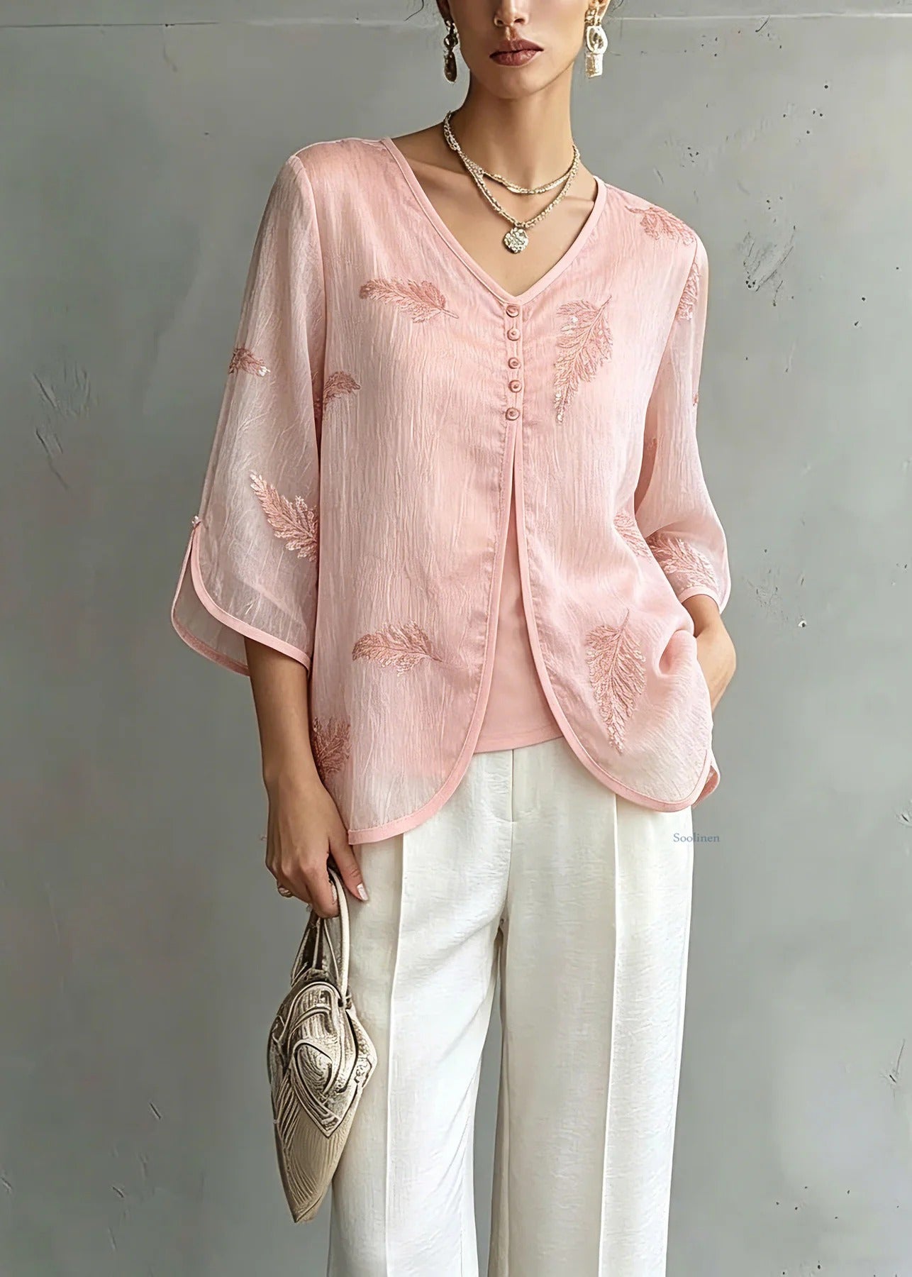 Organic Pink V Neck Print Chiffon Shirts Three Quarter Sleeve