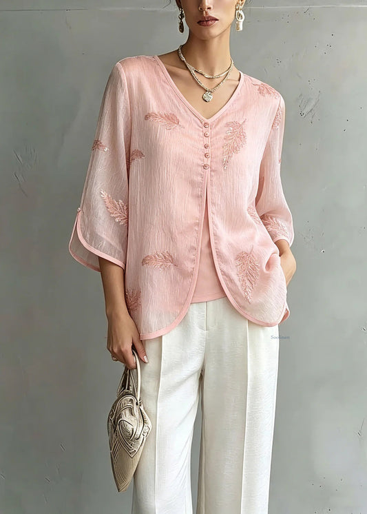 Organic Pink V Neck Print Chiffon Shirts Three Quarter Sleeve