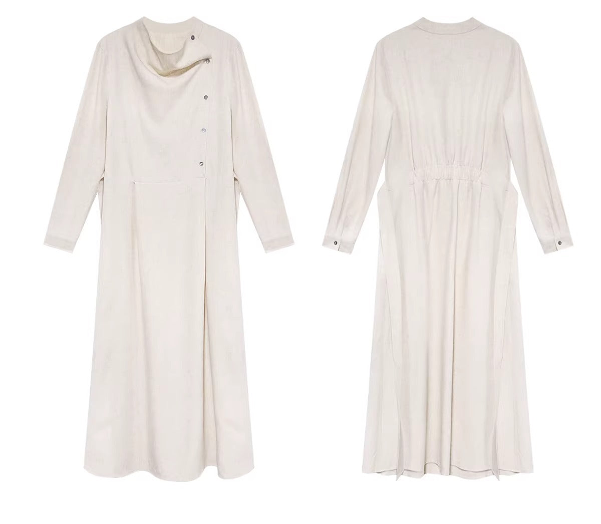 Beige Stand Collar Button Side Belted Waist Long Sleeve Maxi Dresses Spring