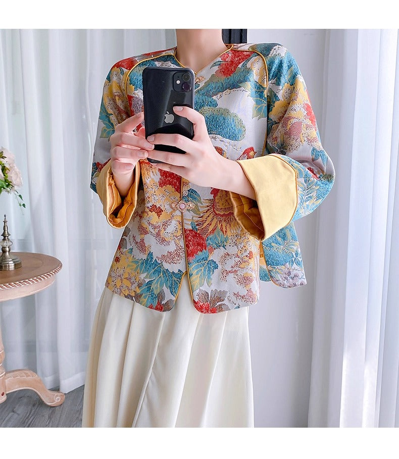 Chinese Style Orange Print Button Silk Coat Spring