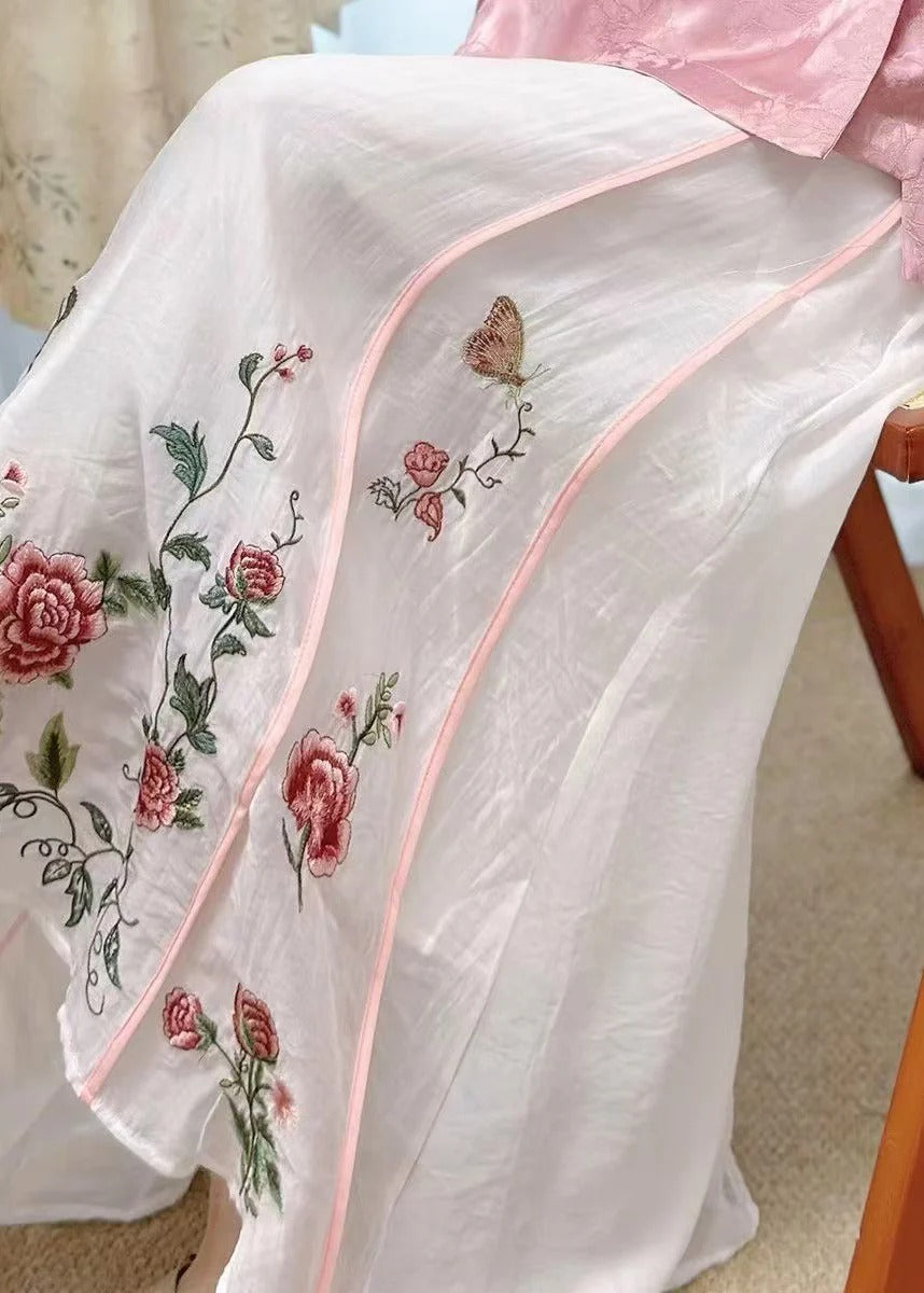 Original White Embroidered Elastic Waist Pockets Cotton Skirt Summer