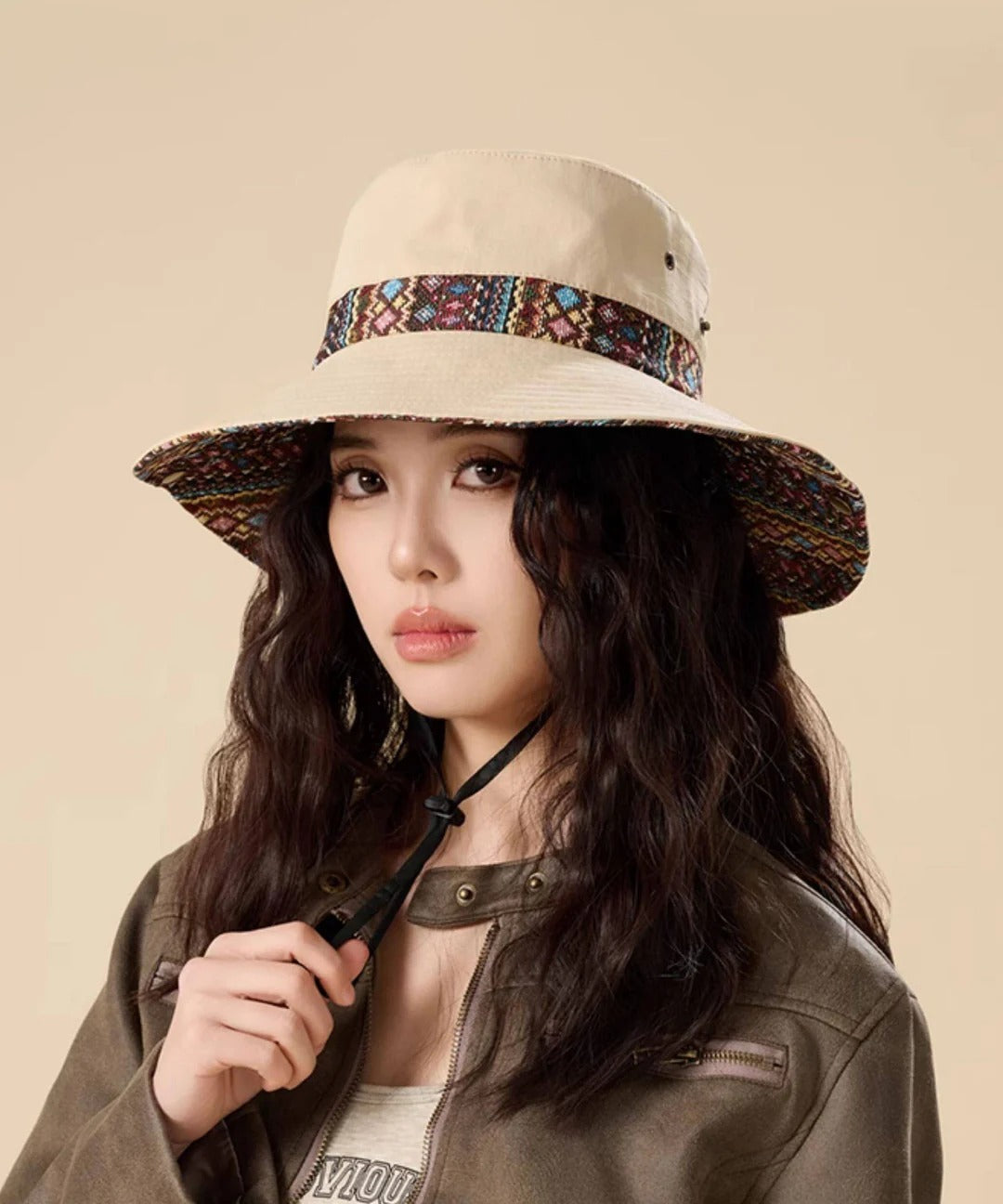 Unique Boho Khaki Outdoor Drawstring Bucket Hat