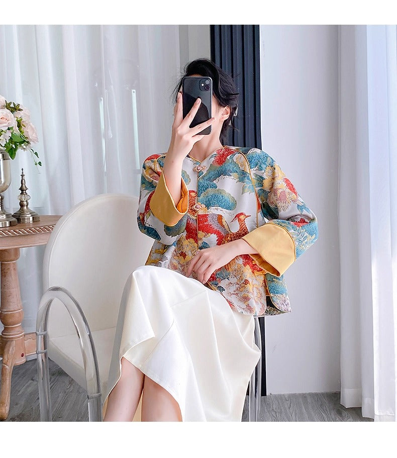 Chinese Style Orange Print Button Silk Coat Spring