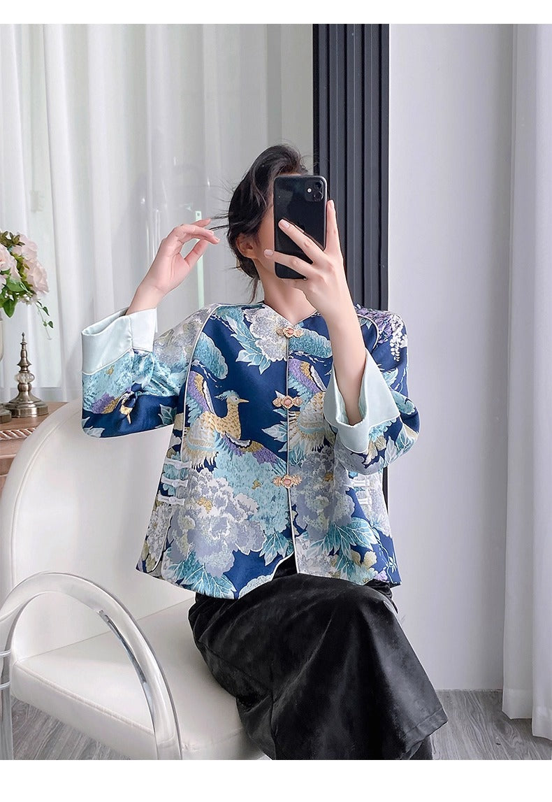 Chinese Style Orange Print Button Silk Coat Spring