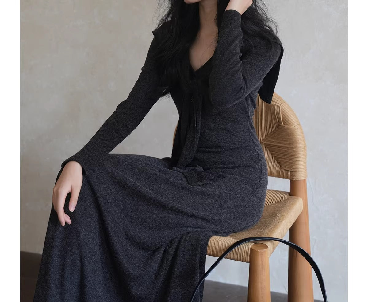 Plus Size Dark Gray V-Neck Button Front Long Sleeve Wrap Waist Maxi Dress