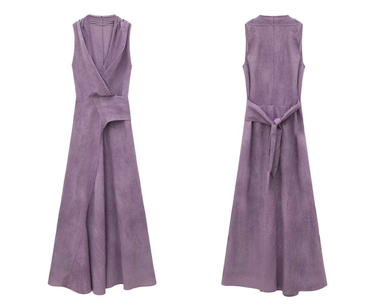 Plus Size Dusty Purple Halter Neck Wrap Waist Sleeveless Maxi Dress