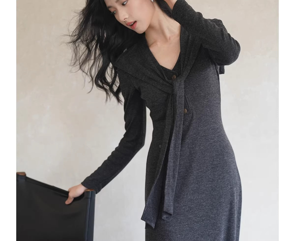 Plus Size Dark Gray V-Neck Button Front Long Sleeve Wrap Waist Maxi Dress