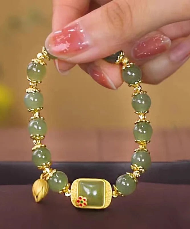 Vintage Green Sterling Silver Overgild Lotus Beading Charm Bracelet