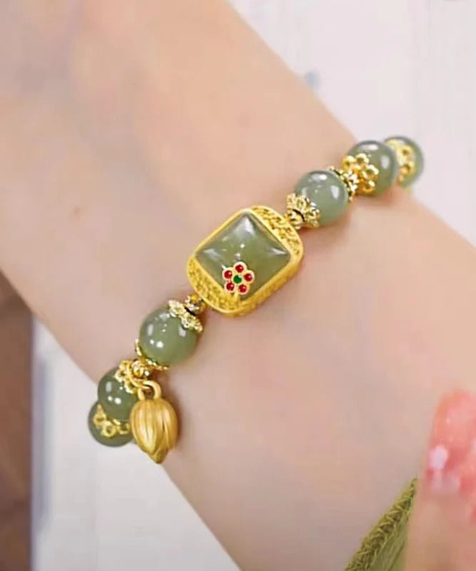 Vintage Green Sterling Silver Overgild Lotus Beading Charm Bracelet