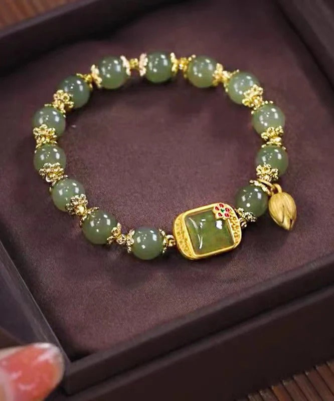 Vintage Green Sterling Silver Overgild Lotus Beading Charm Bracelet