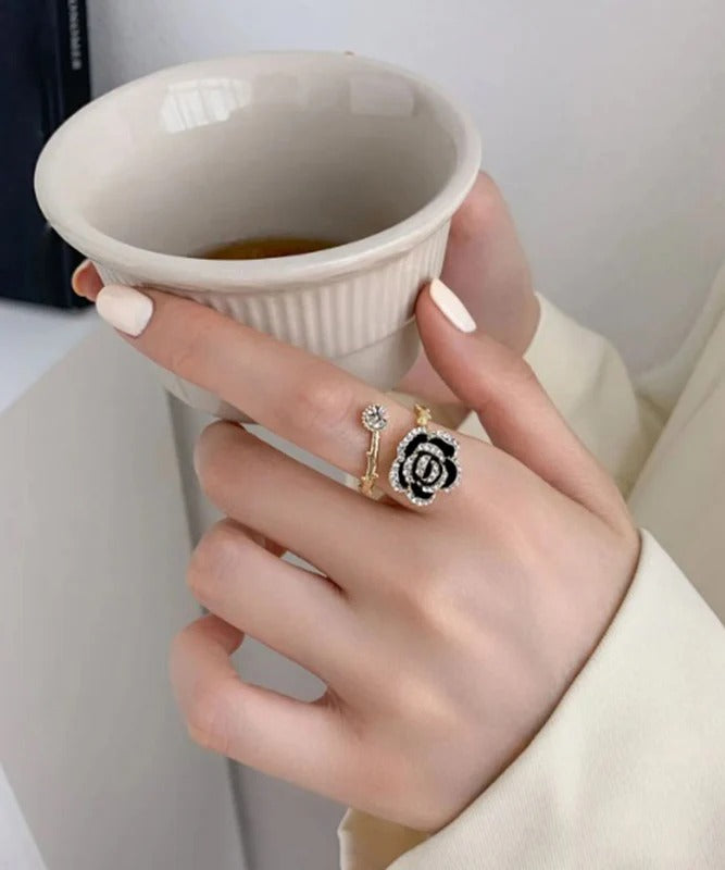 Fine Black Sterling Silver Overgild Zircon Rose Rings