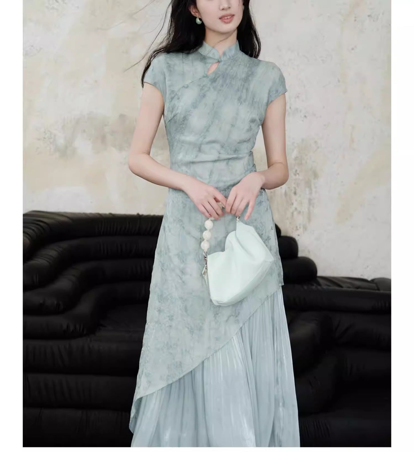 Plus Size Light Green Mandarin Collar Qipao Mock Two Piece Maxi Dress