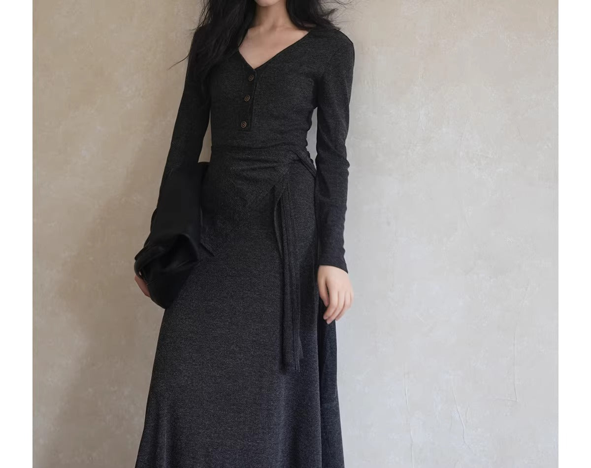 Plus Size Dark Gray V-Neck Button Front Long Sleeve Wrap Waist Maxi Dress