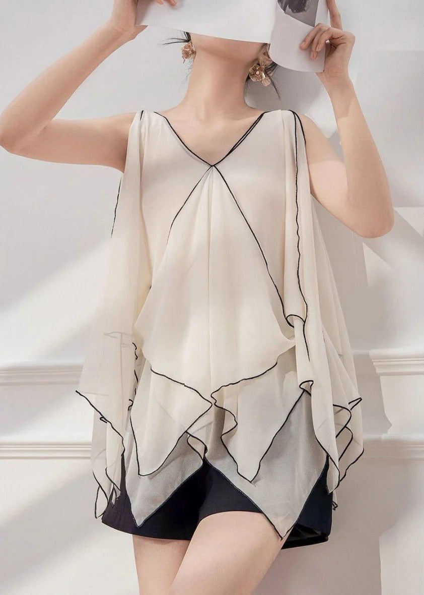 French White V Neck Asymmetrical Striped Chiffon Top Sleeveless