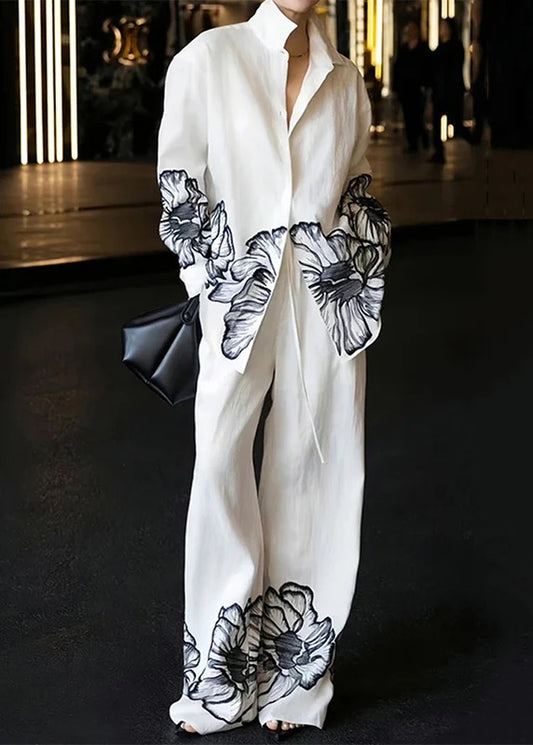 New White Peter Pan Collar Print Linen Two Piece Set Fall