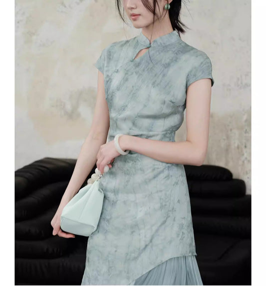 Plus Size Light Green Mandarin Collar Qipao Mock Two Piece Maxi Dress