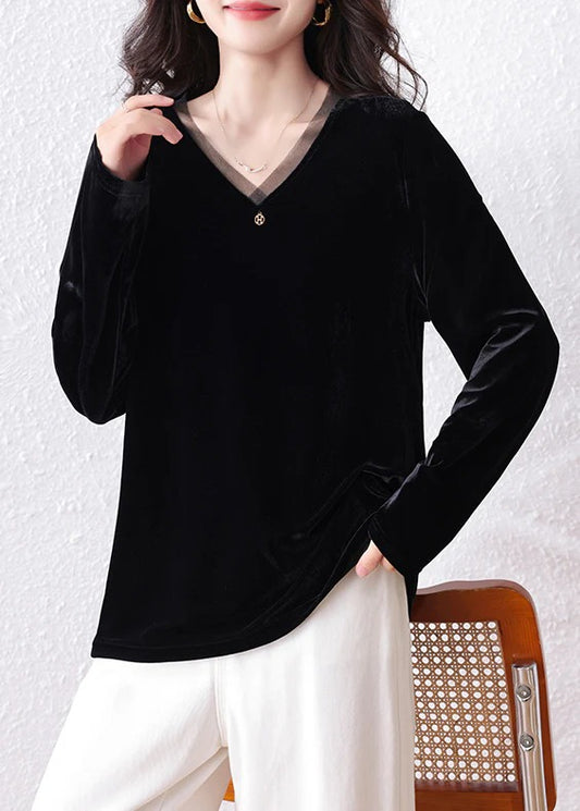 Beautiful Black V Neck Patchwork Silk Velour Shirt Tops Fall
