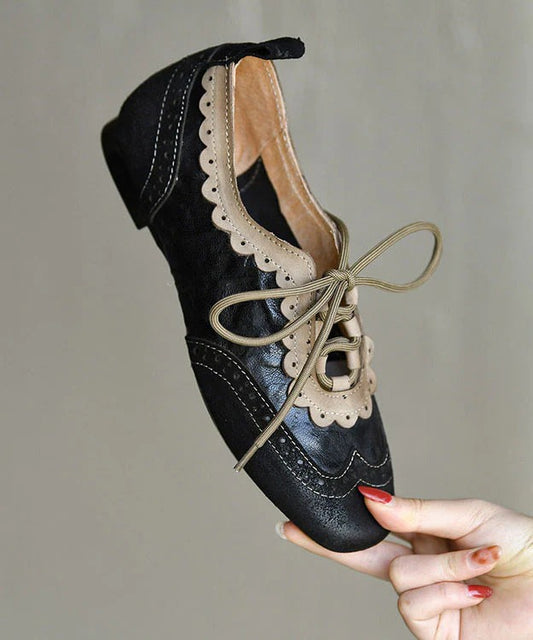 Elegant Black Sheepskin Lace Up Splicing Loafers