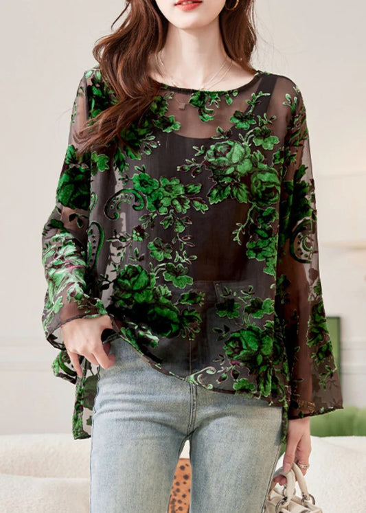 Fashion Green O-Neck Floral Chiffon Shirts Spring