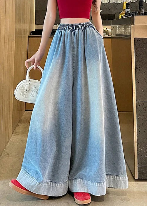 Loose Blue Pockets Elastic Waist Denim Wide Leg Pants Fall