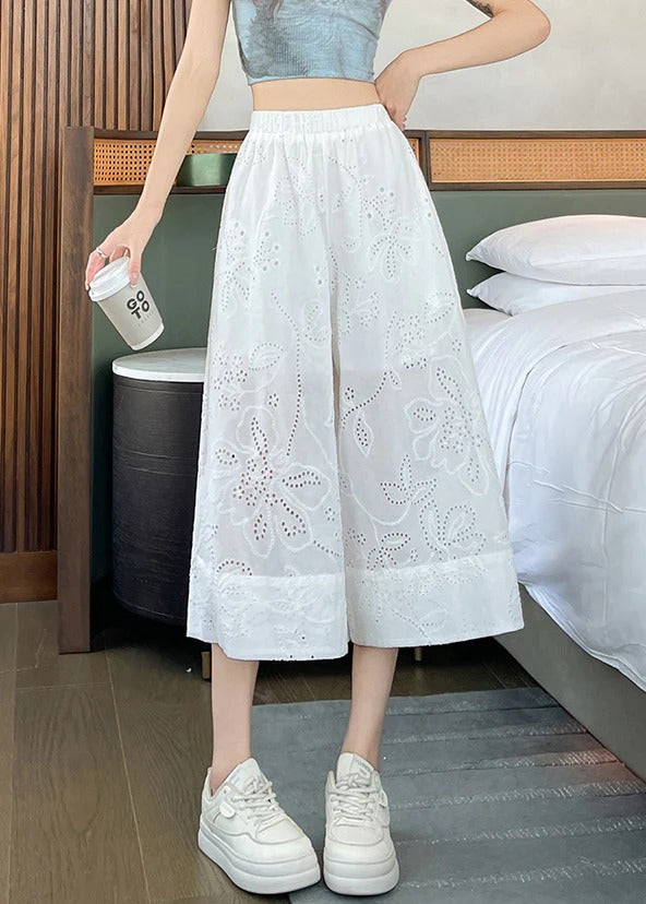Loose White Hollow Out Pockets Elastic Waist Cotton Crop Pants Summer