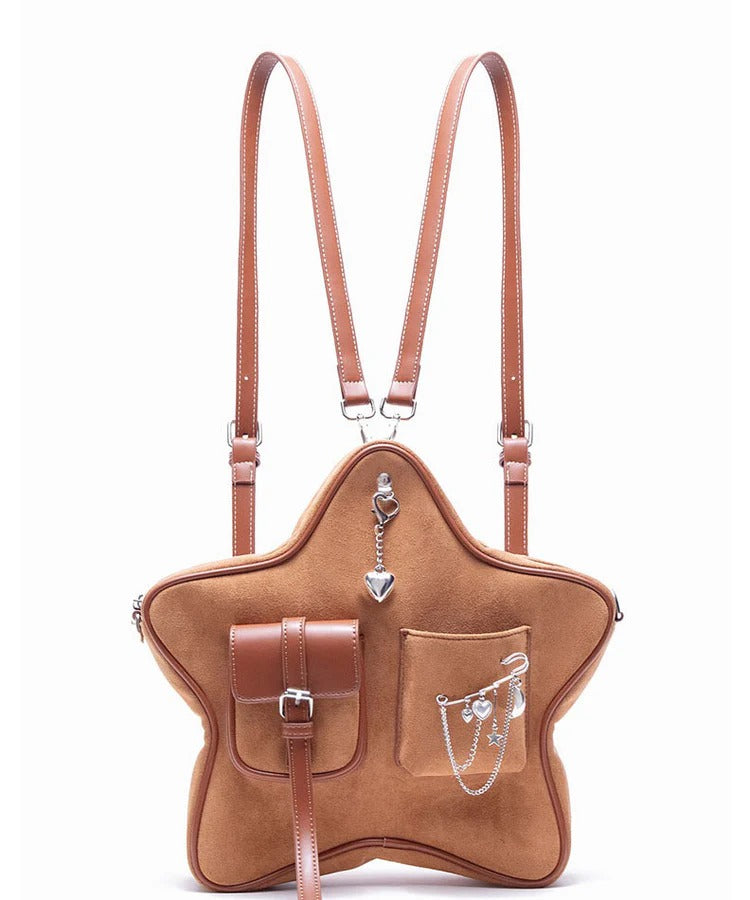 Original Design Light Camel Star Chain Linked Suede Backpack Bag