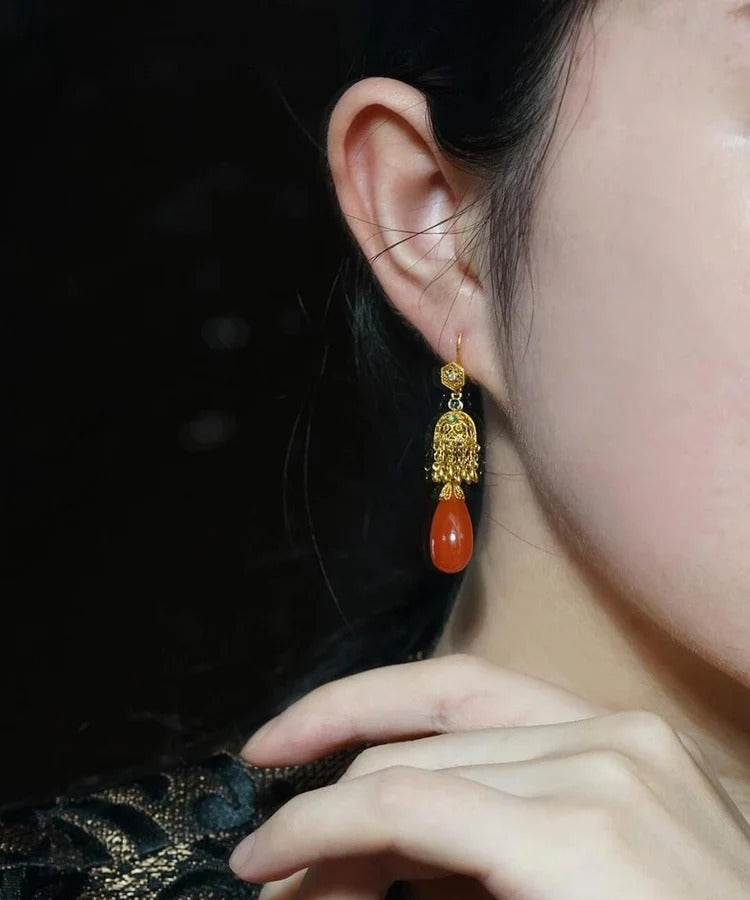 Retro Gold Sterling Silver Overgild Agate Water Droplet Drop Earrings