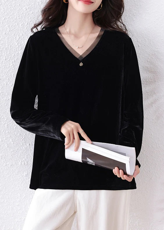 Beautiful Black V Neck Patchwork Silk Velour Shirt Tops Fall
