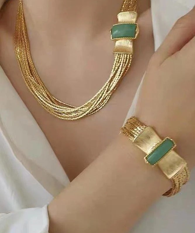 Boho Sterling Silver Overgild Jade Weave Necklace And Chain Bracelet Two-Piece Set