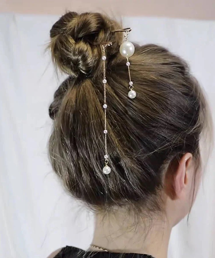 Chinese Style Gold Alloy Pearl Tassel Hairpin Two-Piece Set