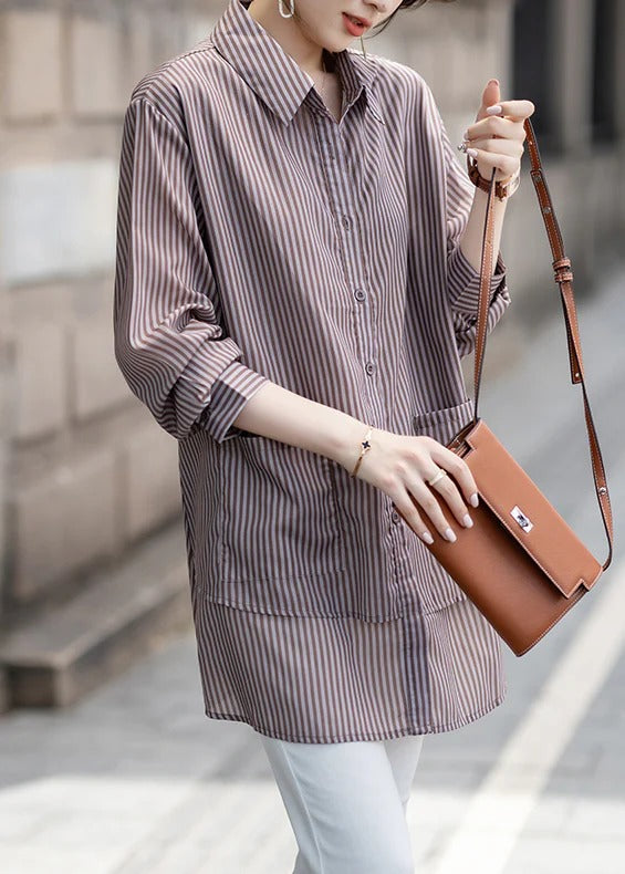 Loose Peter Pan Collar Striped Pockets Cotton Shirt Tops Fall