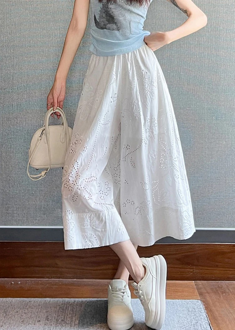 Loose White Hollow Out Pockets Elastic Waist Cotton Crop Pants Summer