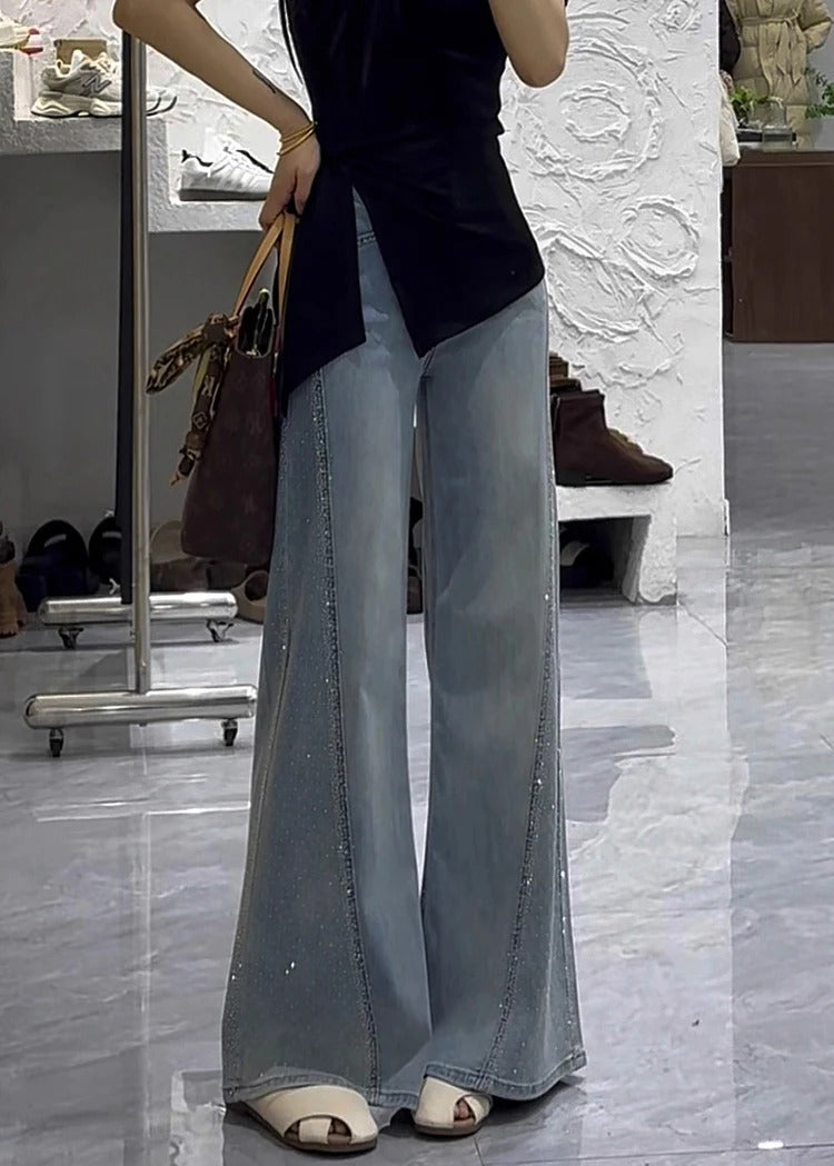Modern Denim Blue Zircon High Waist Flared Trousers Fall