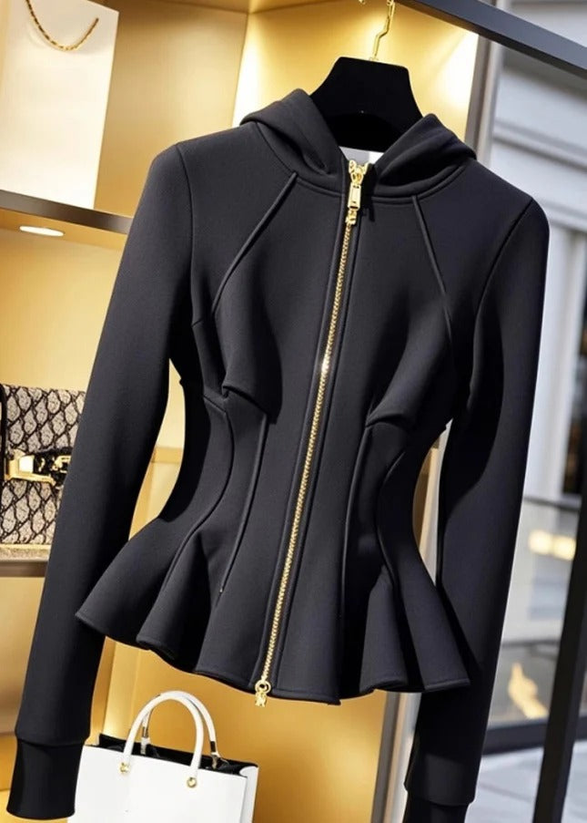 New Black Hooded Zippered Cotton Coats Fall