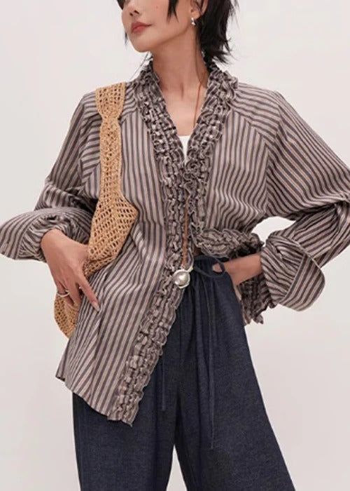 Original Design Striped V Neck Ruffled Cotton Shirt Fall