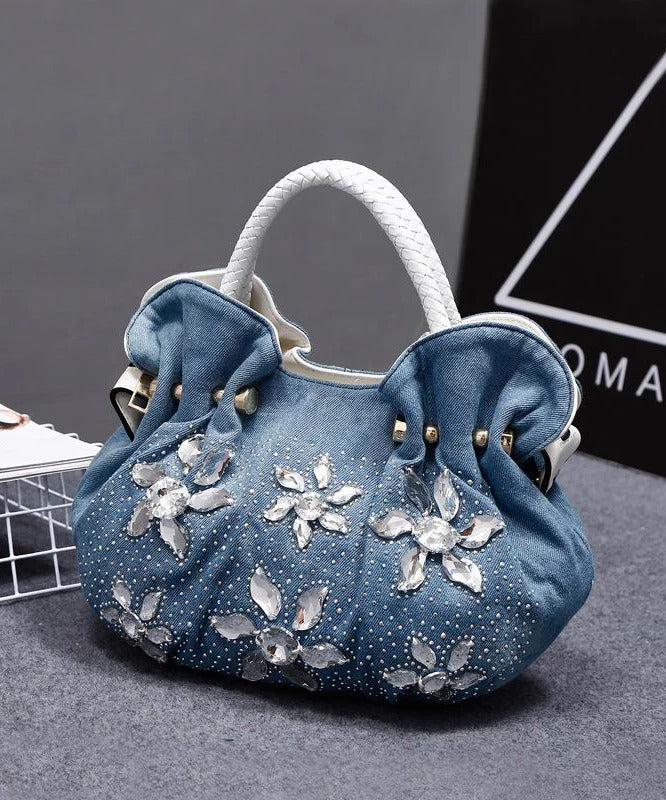 Retro Denim Blue Flower Rhinestone Tote Handbag