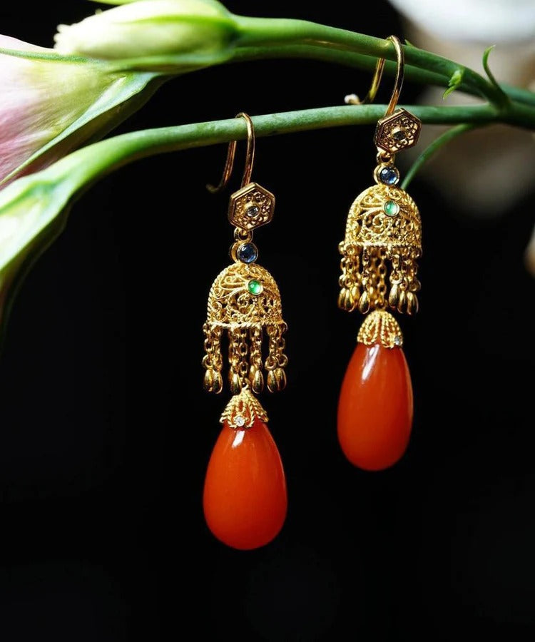 Retro Gold Sterling Silver Overgild Agate Water Droplet Drop Earrings