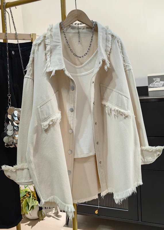 Stylish Yellow Peter Pan Collar Tassel Denim Coats Fall